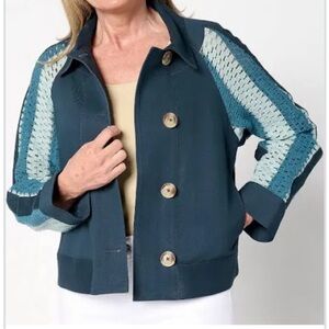 NWT LOGO by Lori Goldstein Artisan Crochet & Twill Jacket Indigo size Large